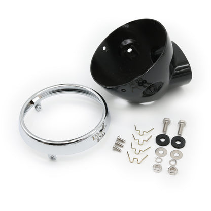 CT70 K0 Style 5.75" Aluminum Headlight Bucket and Chrome Trim Ring (Painted Black)